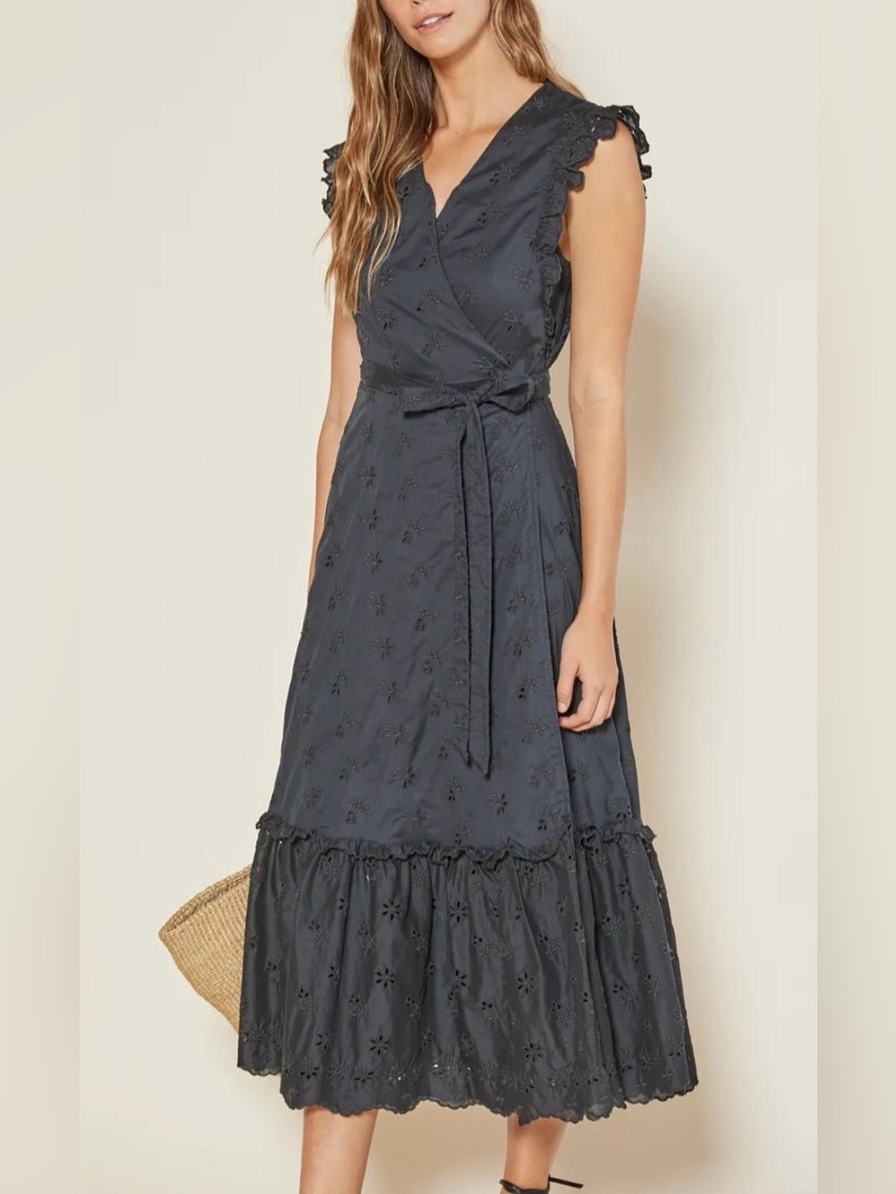 Outerknown Black Eyelet Wrap Midi Dress with Scalloped Sleeves
